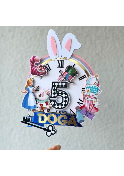 Alice In Wonderland Temalı Kız Çocuk Doğum Günü Isme Özel Pasta Parti Süsü (26X20CM)