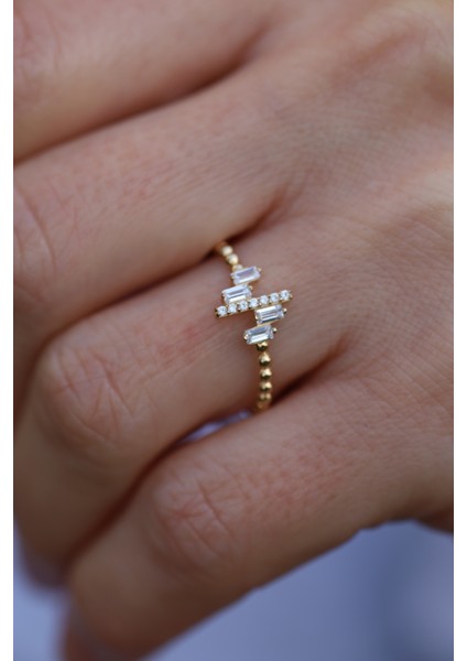 14 Ayar Altın Çapraz Baget Taşlı Ince Yüzük fiyatları