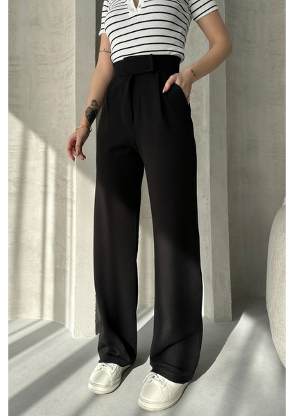 NO979 Kadın Siyah Yüksek Bel Krep Kumaş Likralı Rahat Kesim Cırtlı Palazzo Pantolon