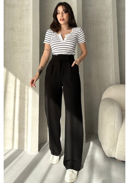 NO979 Kadın Siyah Yüksek Bel Krep Kumaş Likralı Rahat Kesim Cırtlı Palazzo Pantolon fiyatları