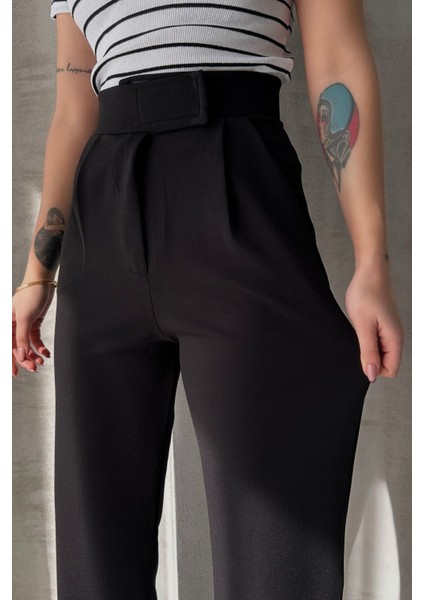 NO979 Kadın Siyah Yüksek Bel Krep Kumaş Likralı Rahat Kesim Cırtlı Palazzo Pantolon modelleri