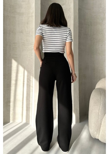 NO979 Kadın Siyah Yüksek Bel Krep Kumaş Likralı Rahat Kesim Cırtlı Palazzo Pantolon fırsatları