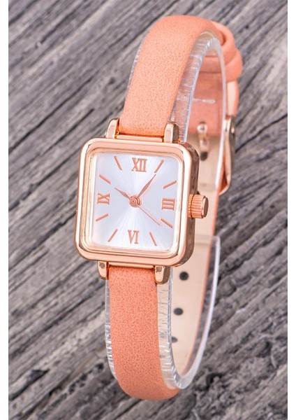 Minimal Kare Rose Kasa Retro Pudra Deri Kordonlu Kadın Genç Kadın Kol Saati