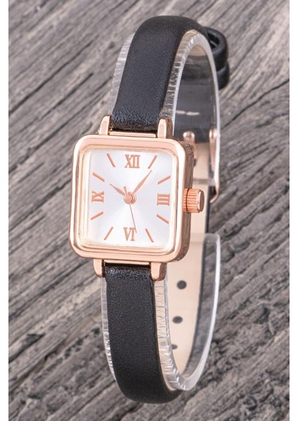 Rose Renk Minimal Kare Kasa Siyah Deri Kordonlu Vintage Retro Kadın Kol Saati
