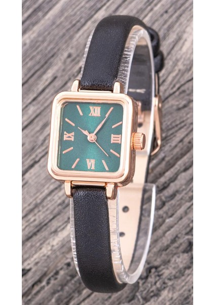 Retro Vintage Tasarım Minimal Roma Rakamlı Rose Renkli Siyah Kayış Kadın Kol Saati