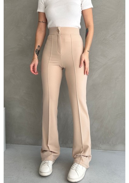 NO979 Kadın Krem Yüksek Bel Toparlayıcı Ispanyol Paça Palazzo Pantolon