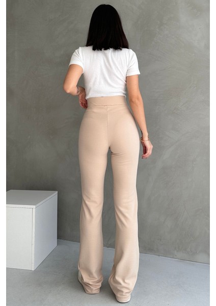 NO979 Kadın Krem Yüksek Bel Toparlayıcı Ispanyol Paça Palazzo Pantolon fiyatları