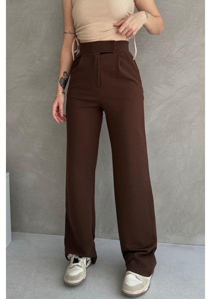 NO979 Kadın Kahverengi Yüksek Bel Krep Kumaş Likralı Rahat Kesim Cırtlı Palazzo Pantolon