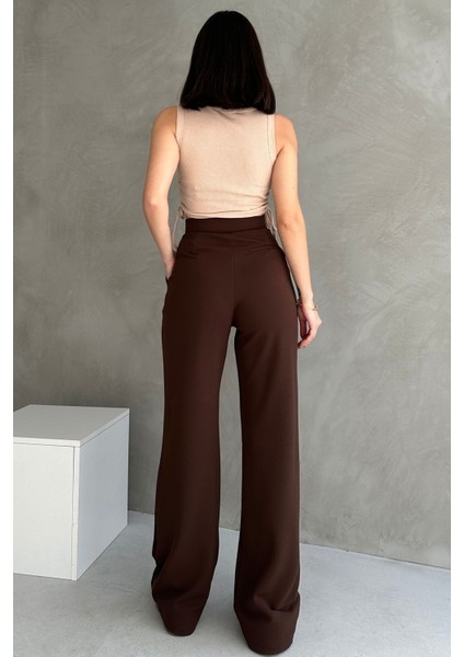 NO979 Kadın Kahverengi Yüksek Bel Krep Kumaş Likralı Rahat Kesim Cırtlı Palazzo Pantolon fiyatları