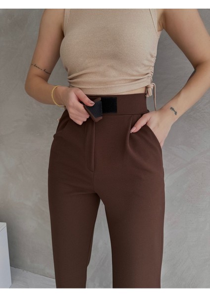 NO979 Kadın Kahverengi Yüksek Bel Krep Kumaş Likralı Rahat Kesim Cırtlı Palazzo Pantolon modelleri