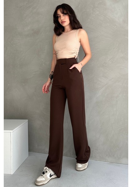 NO979 Kadın Kahverengi Yüksek Bel Krep Kumaş Likralı Rahat Kesim Cırtlı Palazzo Pantolon fırsatları