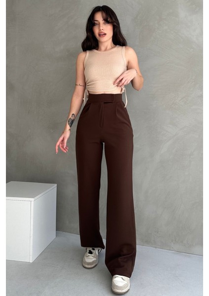 NO979 Kadın Kahverengi Yüksek Bel Krep Kumaş Likralı Rahat Kesim Cırtlı Palazzo Pantolon indirimleri