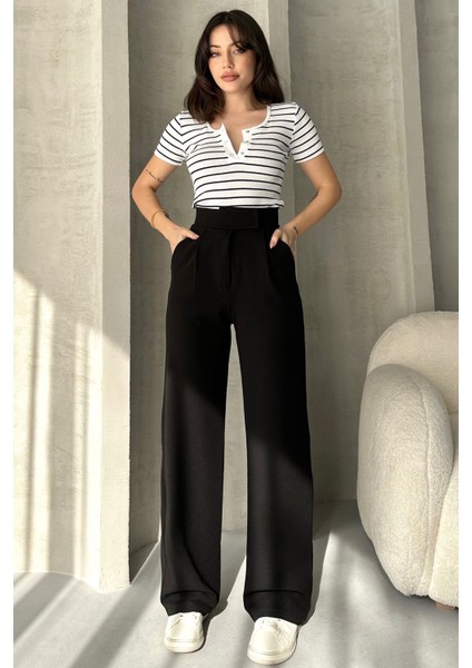 NO979 Kadın Siyah Yüksek Bel Krep Kumaş Likralı Rahat Kesim Cırtlı Palazzo Pantolon indirimleri