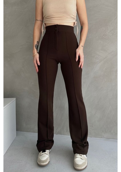 NO979 Kadın Kahverengi Yüksek Bel Toparlayıcı Ispanyol Paça Palazzo Pantolon