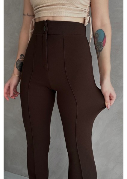 NO979 Kadın Kahverengi Yüksek Bel Toparlayıcı Ispanyol Paça Palazzo Pantolon fiyatları