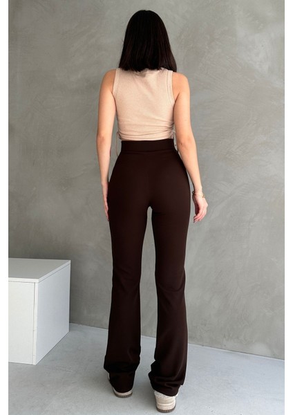 NO979 Kadın Kahverengi Yüksek Bel Toparlayıcı Ispanyol Paça Palazzo Pantolon modelleri