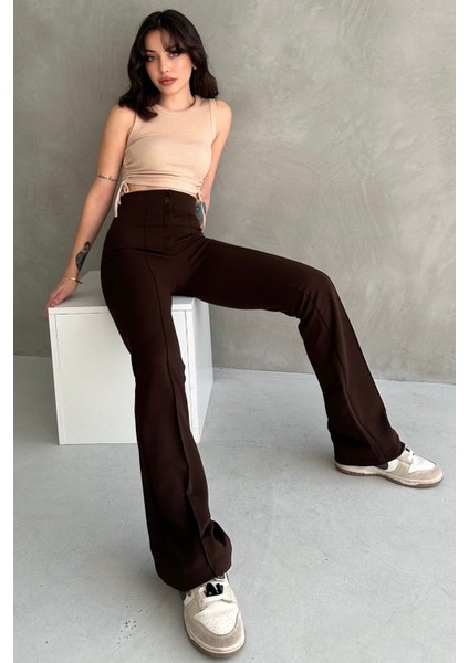 NO979 Kadın Kahverengi Yüksek Bel Toparlayıcı Ispanyol Paça Palazzo Pantolon fırsatları