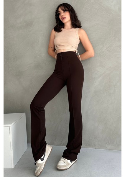 NO979 Kadın Kahverengi Yüksek Bel Toparlayıcı Ispanyol Paça Palazzo Pantolon indirimleri