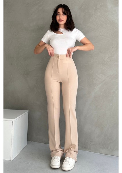 NO979 Kadın Krem Yüksek Bel Toparlayıcı Ispanyol Paça Palazzo Pantolon modelleri