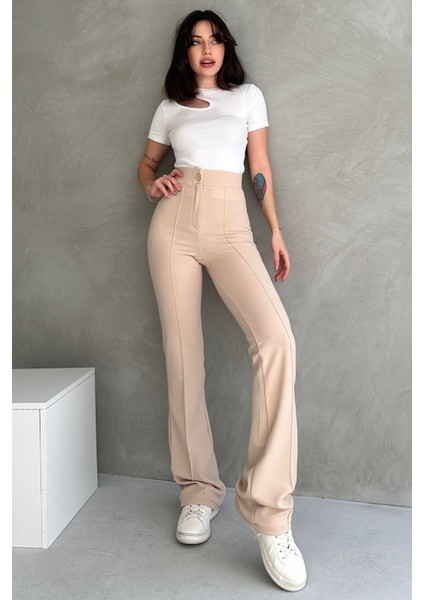 NO979 Kadın Krem Yüksek Bel Toparlayıcı Ispanyol Paça Palazzo Pantolon fırsatları