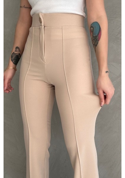 NO979 Kadın Krem Yüksek Bel Toparlayıcı Ispanyol Paça Palazzo Pantolon indirimleri