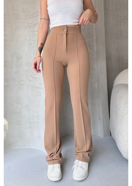 NO979 Kadın Bej Yüksek Bel Toparlayıcı Ispanyol Paça Palazzo Pantolon