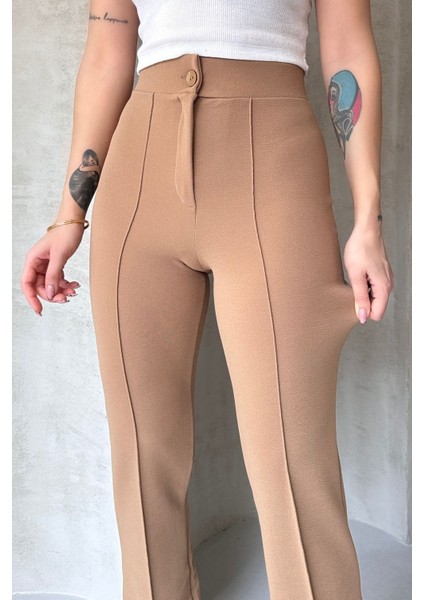 NO979 Kadın Bej Yüksek Bel Toparlayıcı Ispanyol Paça Palazzo Pantolon fiyatları