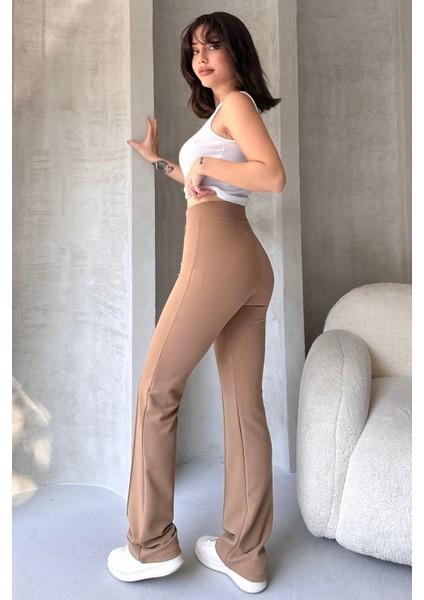 NO979 Kadın Bej Yüksek Bel Toparlayıcı Ispanyol Paça Palazzo Pantolon modelleri