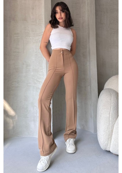 NO979 Kadın Bej Yüksek Bel Toparlayıcı Ispanyol Paça Palazzo Pantolon fırsatları