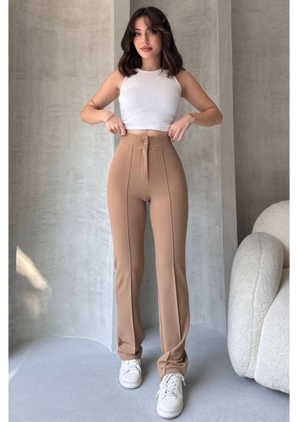 NO979 Kadın Bej Yüksek Bel Toparlayıcı Ispanyol Paça Palazzo Pantolon indirimleri