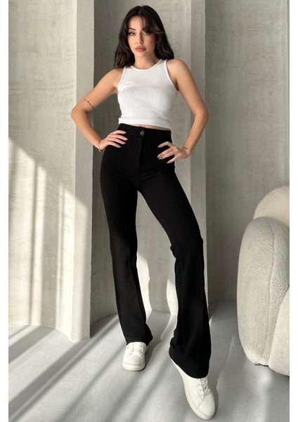 NO979 Kadın Siyah Yüksek Bel Toparlayıcı Ispanyol Paça Palazzo Pantolon fırsatları