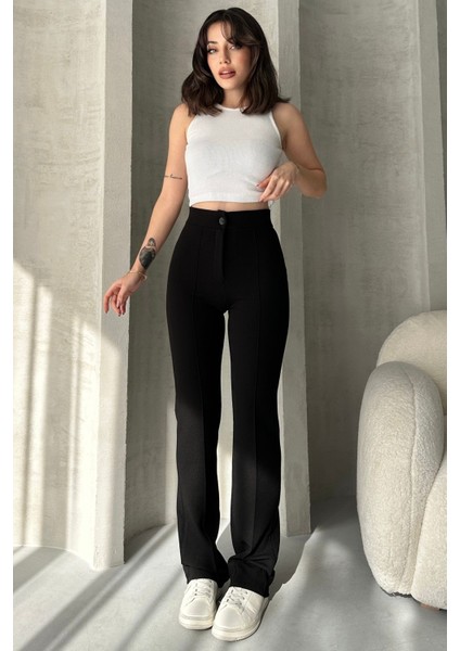 NO979 Kadın Siyah Yüksek Bel Toparlayıcı Ispanyol Paça Palazzo Pantolon indirimleri