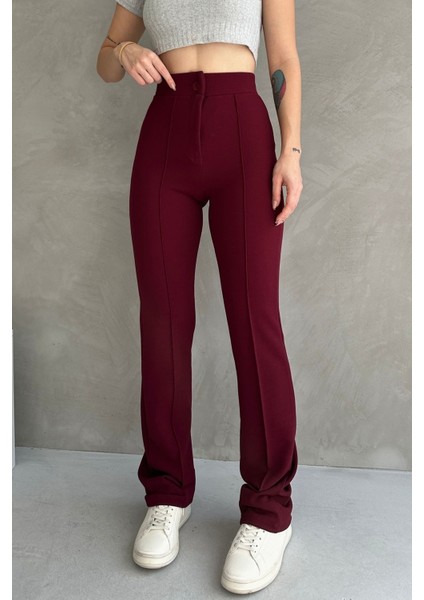 NO979 Kadın Bordo Yüksek Bel Toparlayıcı Ispanyol Paça Palazzo Pantolon