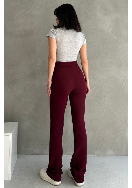 NO979 Kadın Bordo Yüksek Bel Toparlayıcı Ispanyol Paça Palazzo Pantolon fiyatları