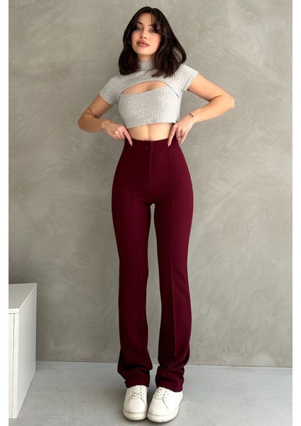 NO979 Kadın Bordo Yüksek Bel Toparlayıcı Ispanyol Paça Palazzo Pantolon modelleri