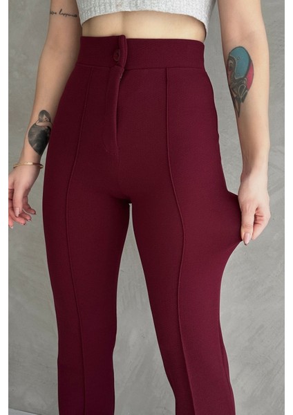NO979 Kadın Bordo Yüksek Bel Toparlayıcı Ispanyol Paça Palazzo Pantolon fırsatları