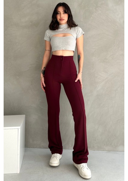 NO979 Kadın Bordo Yüksek Bel Toparlayıcı Ispanyol Paça Palazzo Pantolon indirimleri