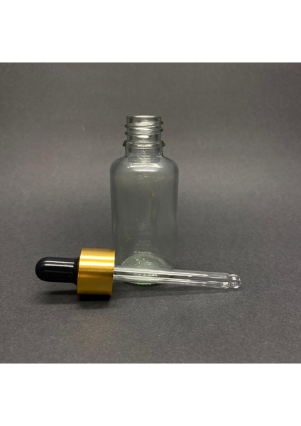 30 ml Şeffaf, Cam Şişe, 24 Adet, Cam Damlalıklı, Ecza Şişesi, Propolis Şişesi, Gold Kapak Siyah Emzik