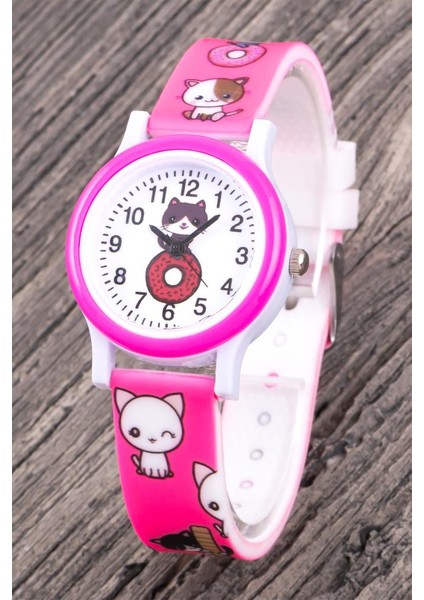 Çocuk Kol Saati Pembe Silikon Kordon Kız Çocuk Kedi Desenli Rakamlı Analog ST-304340 modelleri