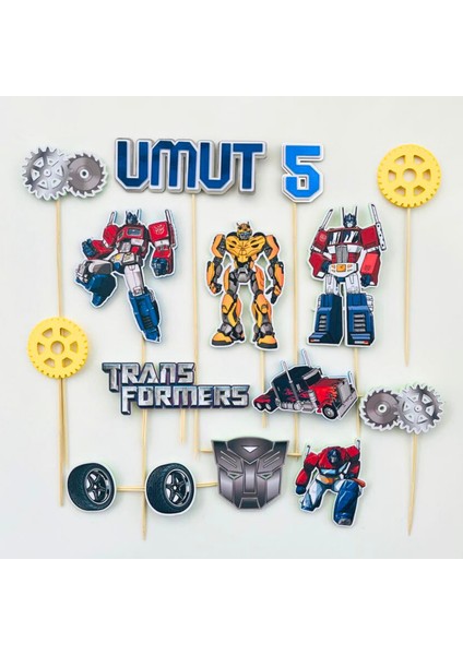 Transformers Karakterleri Temalı Erkek Çocuk Doğum Günü Isme Özel 3D Pasta Parti Süsü Seti