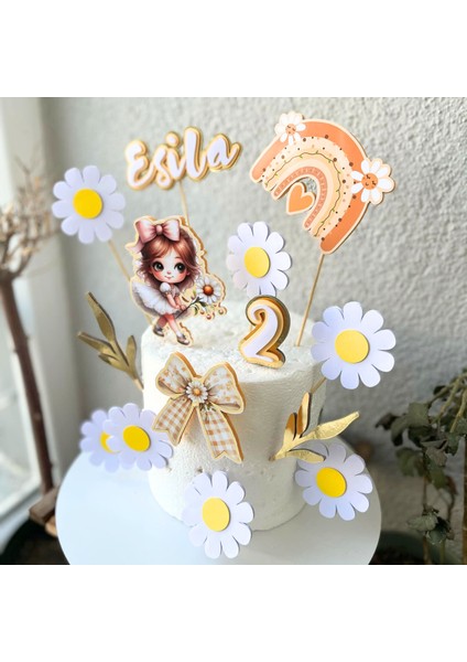 Papatya Temalı Kız Çocuk Doğum Günü Isme Özel Kişiselleştirilebilir 3D Pasta Süsü Seti