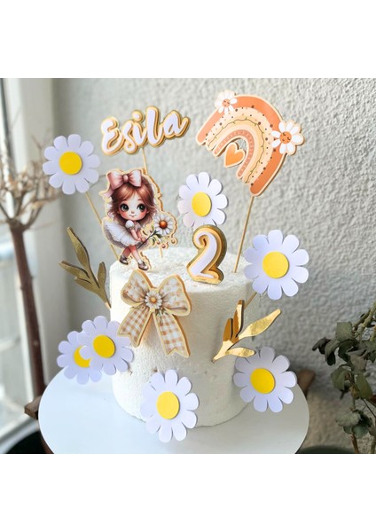 Papatya Temalı Kız Çocuk Doğum Günü Isme Özel Kişiselleştirilebilir 3D Pasta Süsü Seti