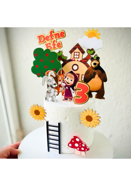 Maşa ile Koca Ayı Temalı Kız Erkek Çocuk Doğum Günü Isme Özel 3D Pasta Parti Süsü Seti