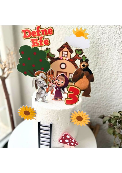 Maşa ile Koca Ayı Temalı Kız Erkek Çocuk Doğum Günü Isme Özel 3D Pasta Parti Süsü Seti