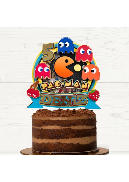 Pacman Temalı Erkek Çocuk Doğum Günü Isme Özel Kişiselleştirilebilir 3D Pasta Parti Süsü (22X22 Cm)