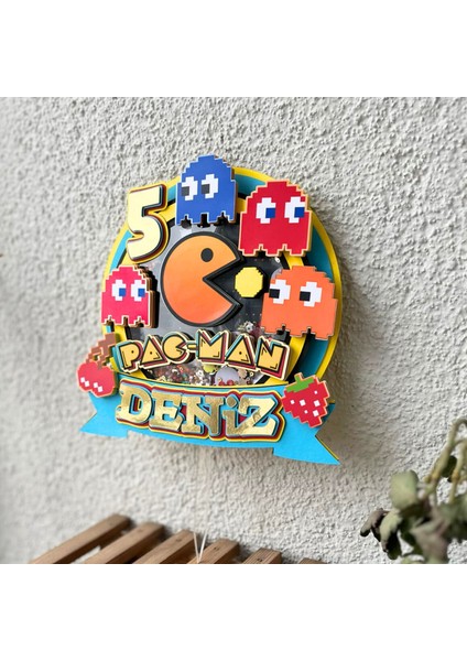 Pacman Temalı Erkek Çocuk Doğum Günü Isme Özel Kişiselleştirilebilir 3D Pasta Parti Süsü (22X22 Cm)