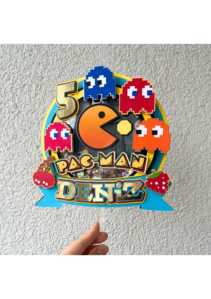 Pacman Temalı Erkek Çocuk Doğum Günü Isme Özel Kişiselleştirilebilir 3D Pasta Parti Süsü (22X22 Cm)