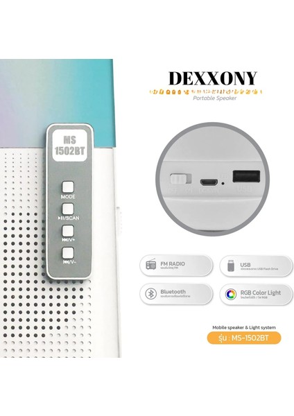 Çok Fonksiyonlu Bluetooth Hoparlör: DX-1502BT 8W Rgb Işıklı Taşınabilir Ses Sistemi ve Işıldak