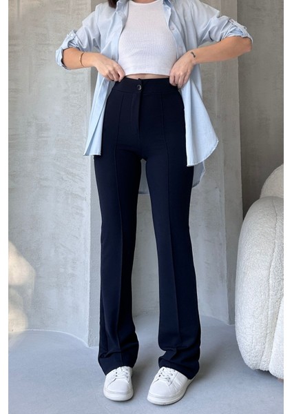 NO979 Kadın Lacivert Yüksek Bel Toparlayıcı Ispanyol Paça Palazzo Pantolon