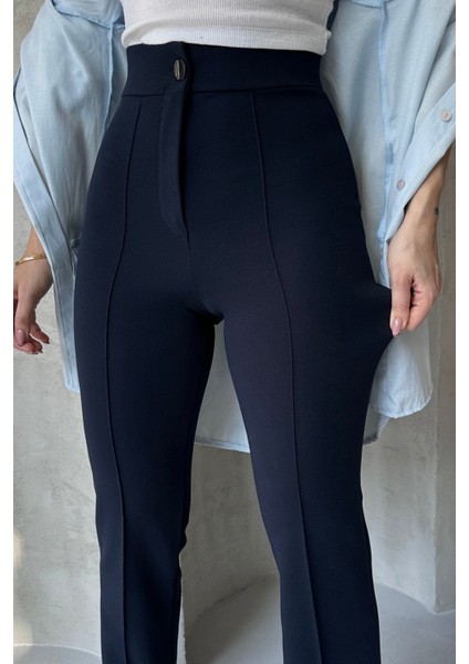 NO979 Kadın Lacivert Yüksek Bel Toparlayıcı Ispanyol Paça Palazzo Pantolon fiyatları